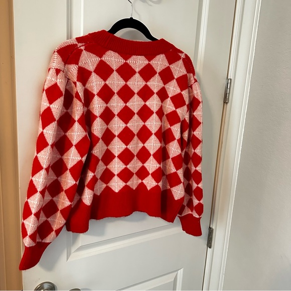 Monki Red and Light Pink Argyle Pattern Cardigan - Picture 7 of 7